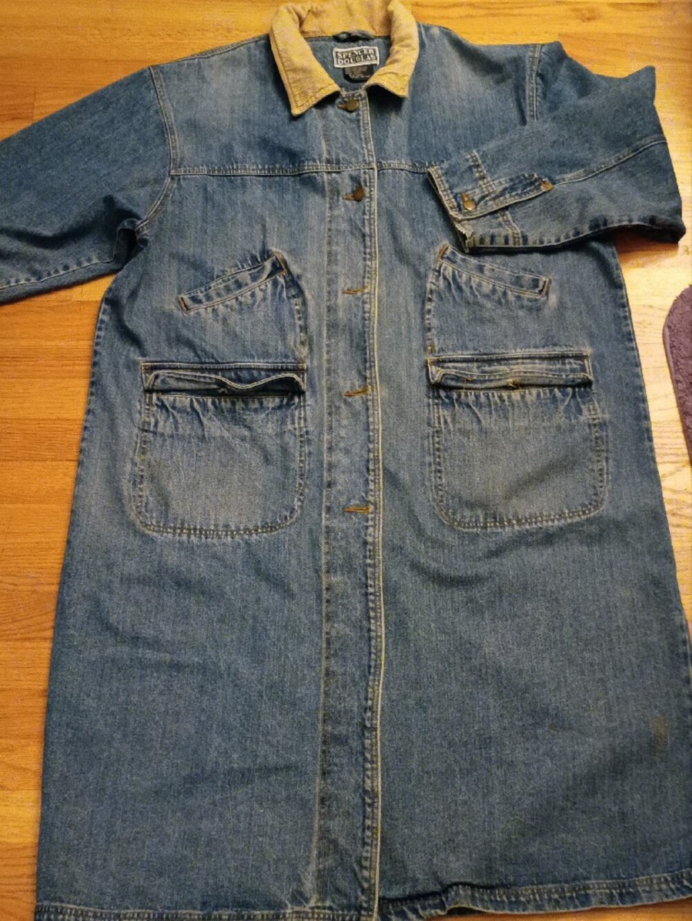 Spencer Douglas Women's Blue Denim Maxi Coat with Tan Corduroy Collar SZ 2X